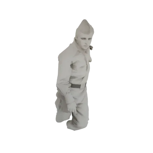 Modello 3D di un soldato in ginocchio, con uniforme e berretto, che guarda verso l'osservatore.