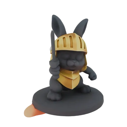 3D model of a grey rabbit wearing golden knight armor and holding a sword, standing on a dark grey base.