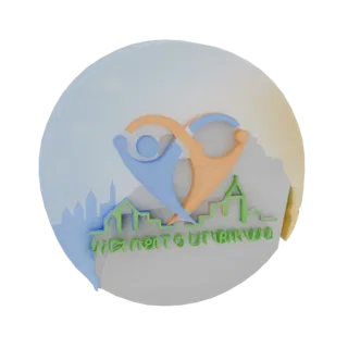 3D-Modell eines abstrakten Logos mit blauen und orangen menschlichen Figuren, die ein Herz bilden, mit einer grünen Stadtland