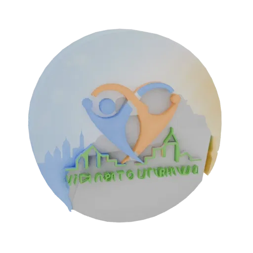 3D-Modell eines abstrakten Logos mit blauen und orangen menschlichen Figuren, die ein Herz bilden, mit einer grünen Stadtland