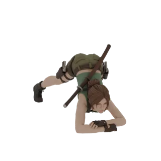 Modelo 3D de Lara Croft em pose de ação dinâmica, segurando pistolas duplas e um rifle, sobre fundo branco.
