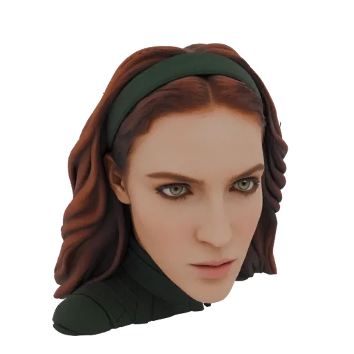 Renderizado de modelo 3D del busto de una guerrera con cabello castaño, ojos verdes y armadura verde oscuro, mirando intensam