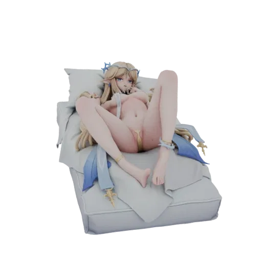 3D model of a blonde elf princess with blue accents, reclining seductively on a white pillow, with her legs spread.