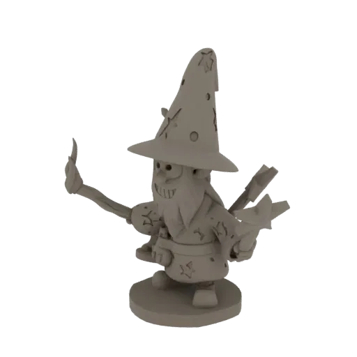 A 3D render of a charming, cartoon-style wizard miniature with a pointed hat and staff, ready for 3D printing.