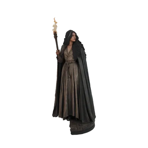 3D model of Yennefer of Vengerberg, a woman with long dark hair, wearing a dark cape and a shimmering dress, holding a flamin