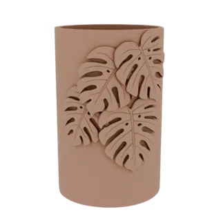 A 3D render of a matte beige cylindrical planter with a detailed embossed Monstera leaf pattern on its side.