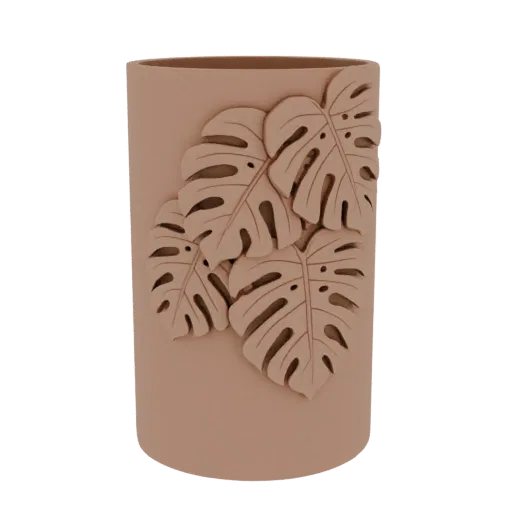 A 3D render of a matte beige cylindrical planter with a detailed embossed Monstera leaf pattern on its side.