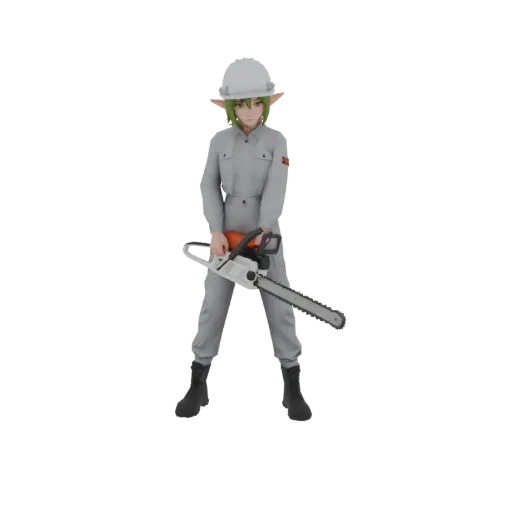 3D model of a fantasy elf character dressed as a lumberjack, wearing a hard hat and holding a chainsaw.