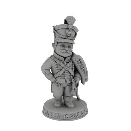 3D model render of a chubby Hussar soldier in uniform, standing on a decorative base, with a plumed hat and ornate jacket.