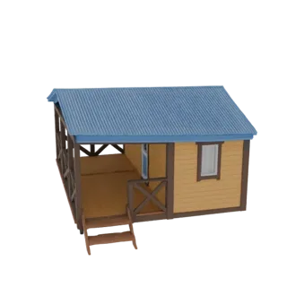 Modelo 3D de una pequeña cabaña de madera amarilla con techo corrugado azul, porche cubierto y escaleras de madera, sobre un