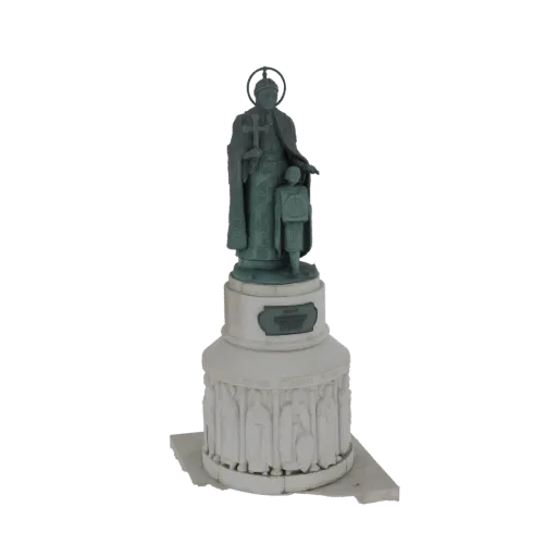 3D model of the Statue of Saint Vladimir with a child, featuring a bronze-like figure on a detailed stone pedestal.