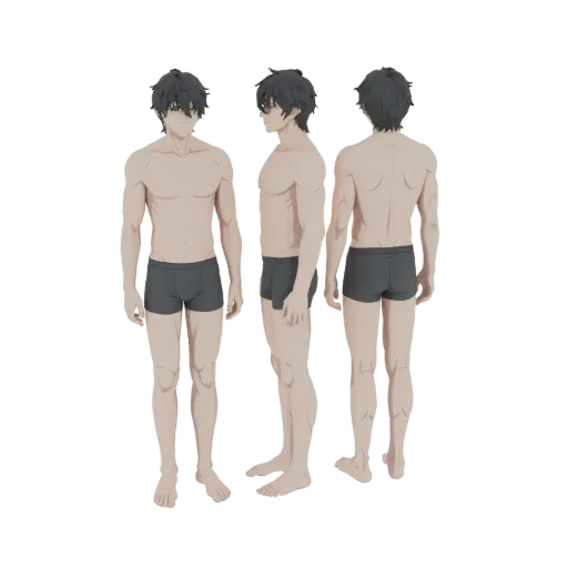 3D model of an anime male character base mesh shown from front, side, and back views.