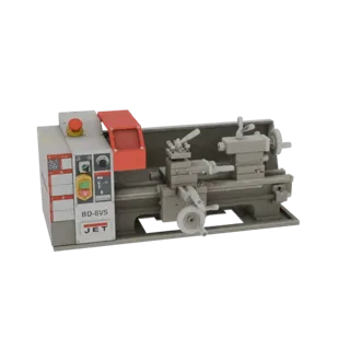 3D model of a JET BD-6VS bench lathe, showing the control panel, chuck, and tool post with a metallic finish.