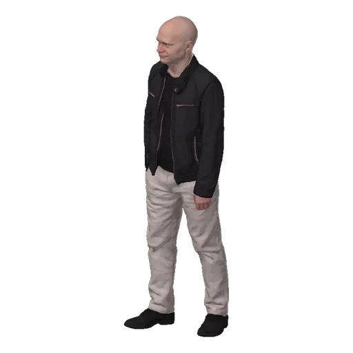 3D model of a bald man standing casually, wearing a dark jacket and light trousers, with hands in pockets.