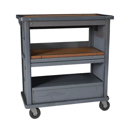 Maker Tool Cart Stylized 3D model, stylized isometric render, showing steel frames, stable fixtures.