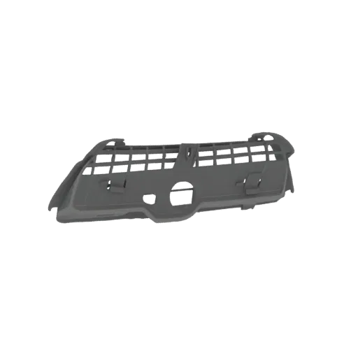 3D model of a gray automotive air intake grille panel with a detailed mesh structure and mounting points.