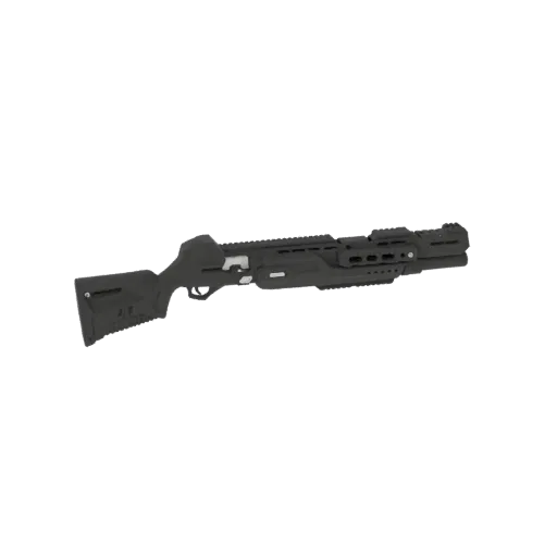 3D model of a modern tactical shotgun with a black polymer stock and Picatinny rails.