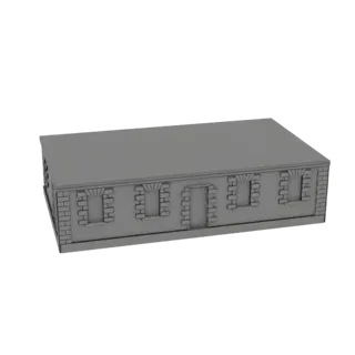 Modelo 3D de un edificio clásico de piedra con muros de ladrillo, ventanas arqueadas y puerta central, sobre fondo blanco.