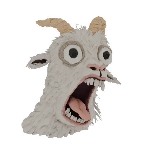 A 3D render of a white clay goat head with its mouth wide open in a scream, large eyes, and textured horns.