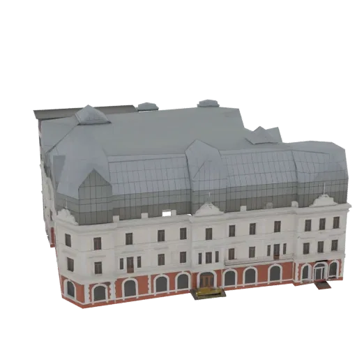 3D model of a grand European hotel facade with a mansard roof, arched windows, and ornate details, set against a white backgr