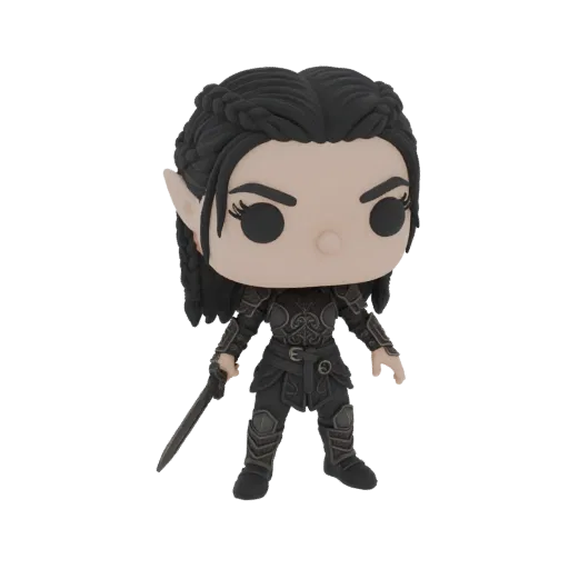 3D model of a Dark Elf warrior in dark armor, holding a sword, in a Pop Vinyl figure style.