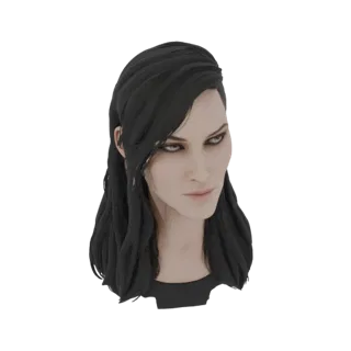 3D-Modell einer Frauenbüste mit langen, dunklen, welligen Haaren und intensiven hellen Augen, vor weißem Hintergrund gerender