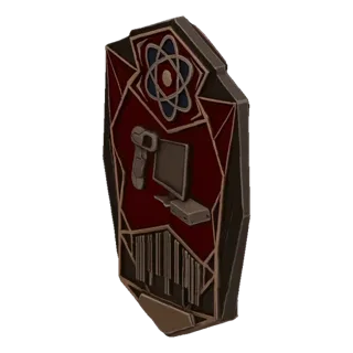 3D model of a futuristic science emblem with atomic, computer, and barcode symbols, rendered with metallic accents and a dark
