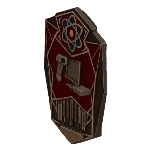 3D model of a futuristic science emblem with atomic, computer, and barcode symbols, rendered with metallic accents and a dark