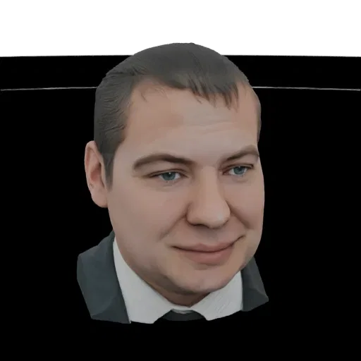 AI-generated 3D model of a man's head and shoulders wearing a dark suit and white shirt with a tie, against a black backgroun