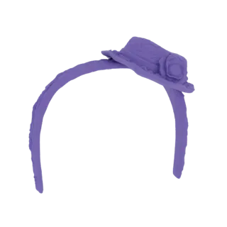 A 3D render of a purple mini top hat with a rose, attached to a headband, against a black background.