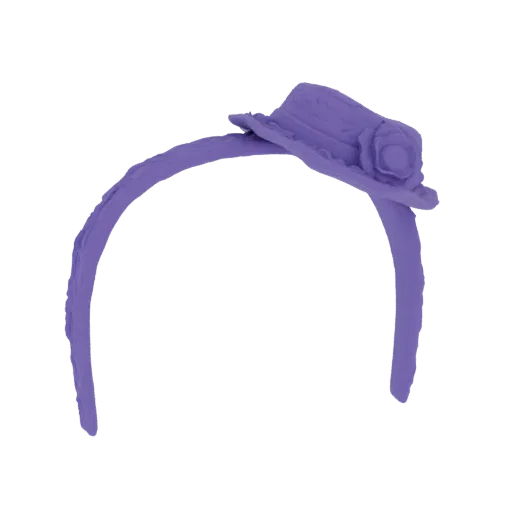 A 3D render of a purple mini top hat with a rose, attached to a headband, against a black background.
