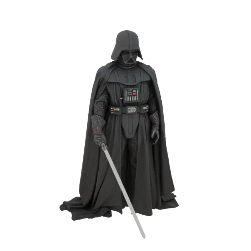 3D model of Darth Vader in his iconic black armor, holding a lightsaber, against a white background.