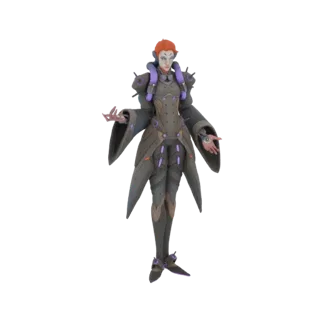 3D model of Moira O'Deorain in her classic Overwatch skin, standing with arms outstretched.