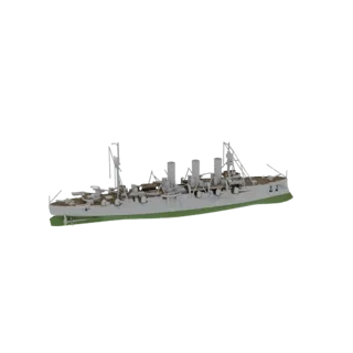 3D model of an early 20th-century cruiser warship with multiple smokestacks and gun turrets, presented against a white backgr