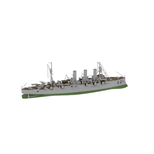 3D model of an early 20th-century cruiser warship with multiple smokestacks and gun turrets, presented against a white backgr