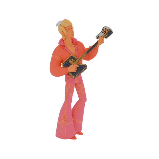 3D model of a 1970s rock star guitarist in a pink outfit playing a blue electric guitar.