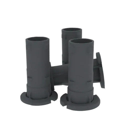 3D model of a gray, modular triple pipe connector with three cylindrical pipes and mounting flanges.