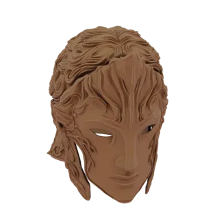 Ein 3D-Render einer detaillierten Elfenkrieger-Maske mit skulpturierten Haaren und verzierten Gesichtszügen, präsentiert vor