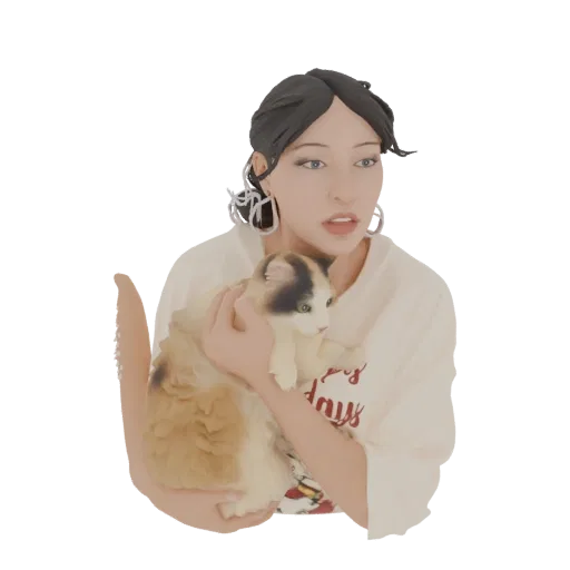 3D model of a calico cat being held by its owner, showcasing a warm and affectionate interaction.