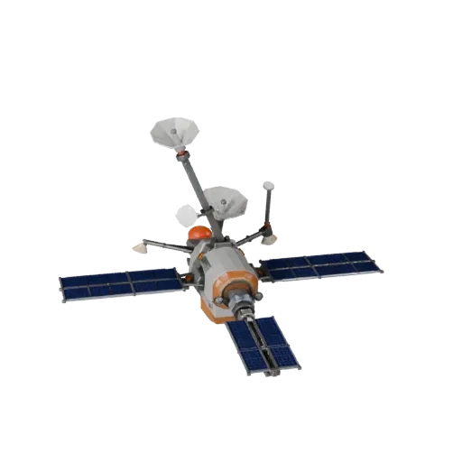 Research Relay Station Low Poly 3D model, game viewport three-quarter view, showing solar panels, spacecraft silhouette.