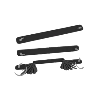 A 3D render of a black foldable hand fan with a segmented, decorative handle, shown from a slightly elevated angle.