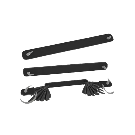 A 3D render of a black foldable hand fan with a segmented, decorative handle, shown from a slightly elevated angle.