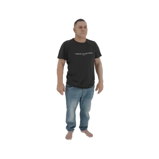3D model of a man wearing a black t-shirt with a logo and blue jeans, standing with his arms at his sides.