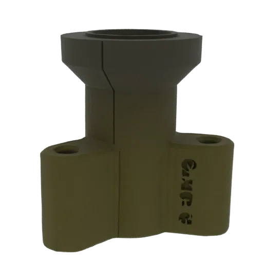 3D render of an industrial flange connector with two bolt holes and a split upper section, rendered in a muted olive-green co