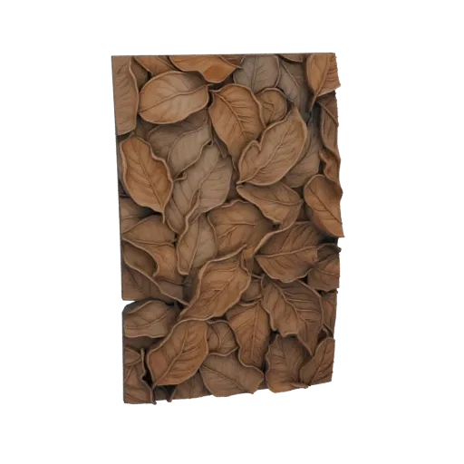 A 3D model of a rectangular wall panel densely covered with realistic, textured brown autumn leaves.