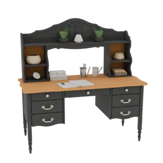 3D model of a vintage dark grey writing desk with a light brown desktop and an upper hutch with shelves, featuring decorative