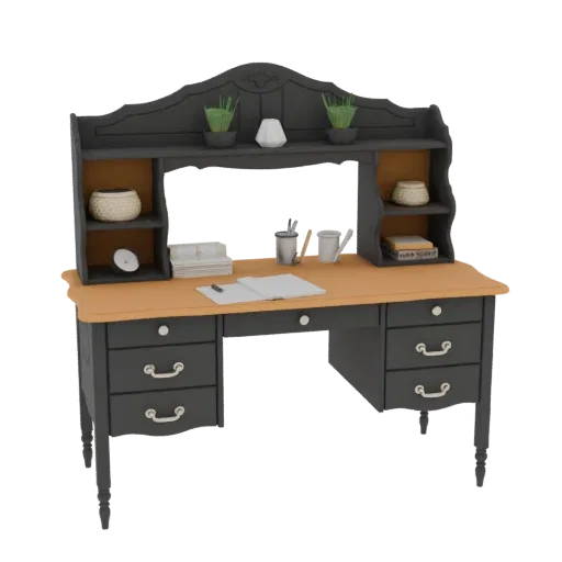 3D model of a vintage dark grey writing desk with a light brown desktop and an upper hutch with shelves, featuring decorative