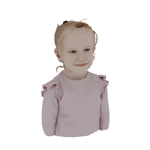 Modelo 3D de niña pequeña sonriente con cabello rubio, vistiendo camisa rosa volantes, sobre fondo blanco.