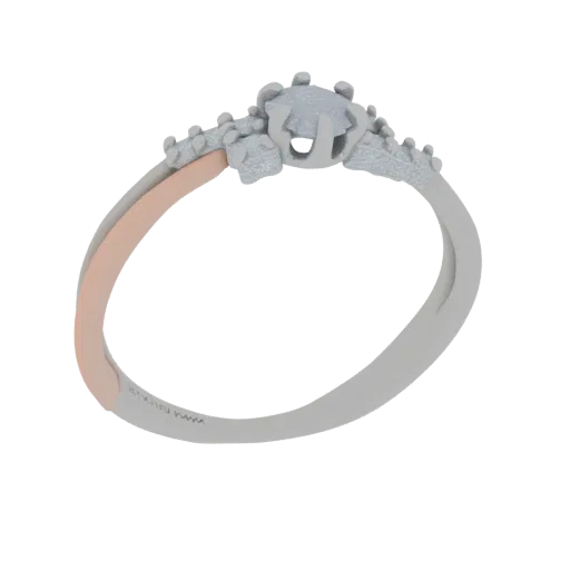 3D model of a two-tone engagement ring with a rose gold band and a white gold setting, featuring small accent stones.