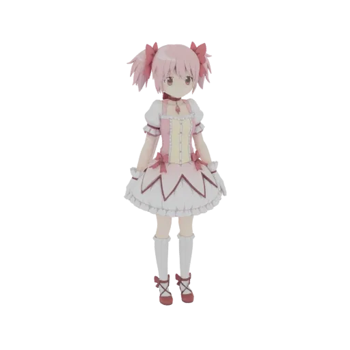 3D model of a magical girl anime character with pink pigtails, wearing a pink and white frilly dress and red shoes.